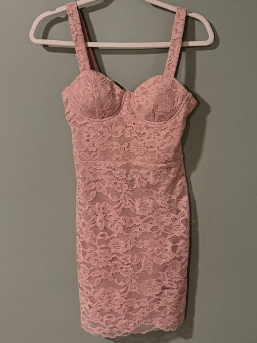 Aqua, blush pink lace bodycon mini dress